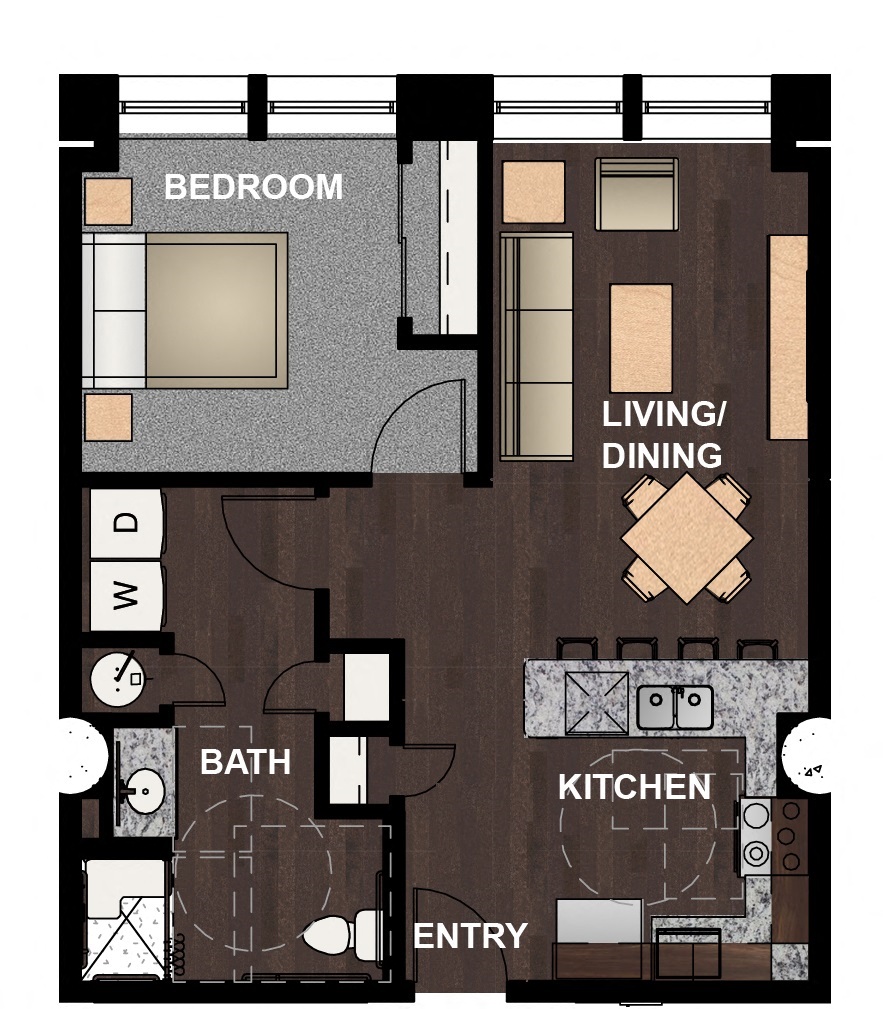 Floor plan for 1 bed, 1 bath, 668 sqft